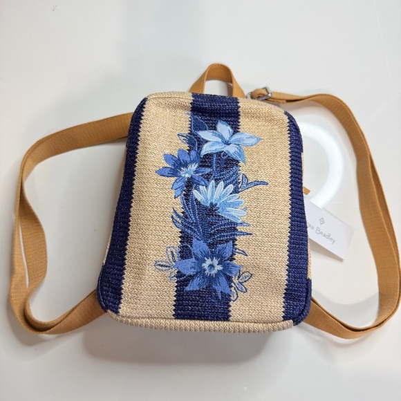 Vera Bradley Mini Straw Navy Stripe Floral Embroidered Backpack NWT - Picture 4 of 5